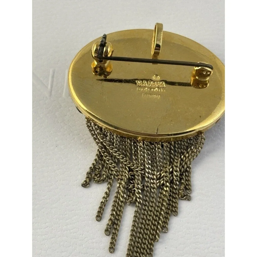 Rare MARENA Hand Made In Germany Gold Plated MOP Tassel Pendant Brooch Art Deco
